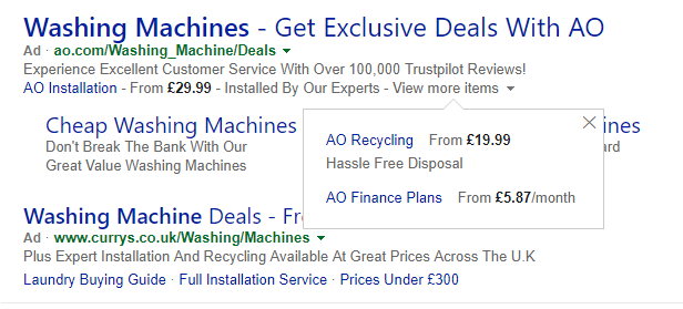 price extensions on bing ads example