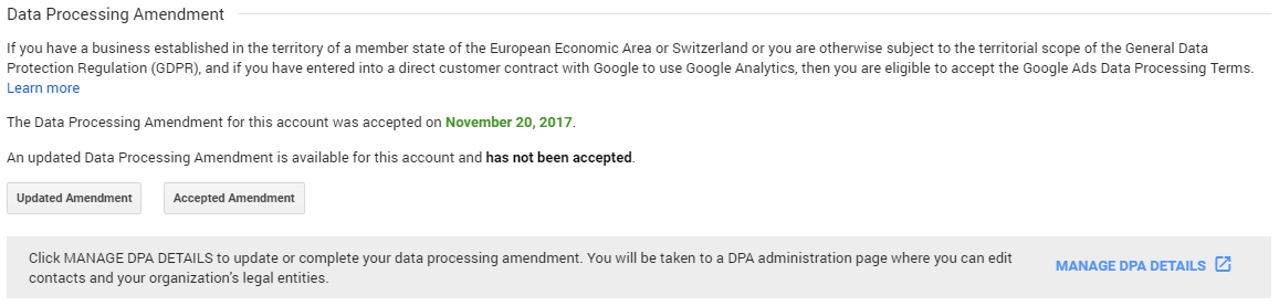 Screenshot of Data Processing Amendment from Google Analytics